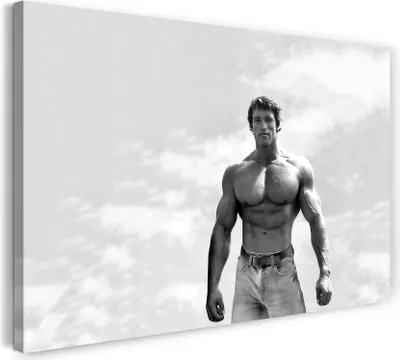 Produktbild von Leinwandbild (100x70cm): Junger Arnold Schwarzenegger vor Himmel-Kulisse Oberkörper frei, echter Holz-Keilrahmen inkl. Aufhänger, handgefertigt in Deutschland