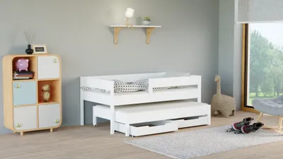 Produktbild von Ausziehbett 'Mareto' 160x80 Kinderbett mit Rausfallschutz & Lattenrost weiß 80 x 160 für Mädchen und Jungen mit Schubladen