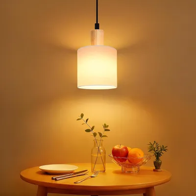 Image de Suspension ZMH en bois, lampe de table pour salle à manger, une lumière, style vintage, abat-jour en tissu, douille E14, suspension pour salon, restaurant, chambre, cuisine, couleur blanche