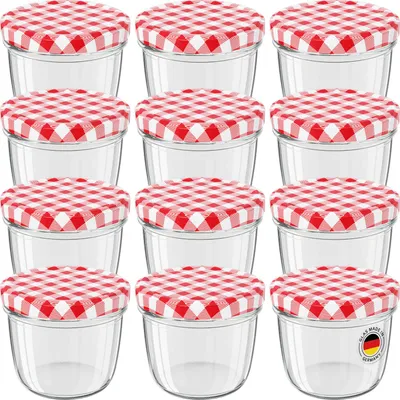 Produktbild von WELLGRO Einmachgläser 230ml – Schraubdeckel TO82 rot kariert – Germany – Vorratsgläser, Marmeladengläser, Aufbewahrungsgläser & Gärgläser