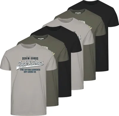 Produktbild von JACK&JONES Herren T-Shirt, 6er Pack - JJETHAN TEE CREW NECK, Vintage Logo, Baumwolle Schwarz/Grün/Grau M