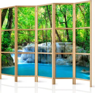 Immagine prodotto di Schermo XXL paesaggio cascata natura 225x171 cm 5 pezzi monofacciale elegante privacy schermo divisorio camera parete divisoria camera legno design motivo deco casa ufficio foresta c-B-10009-z-a