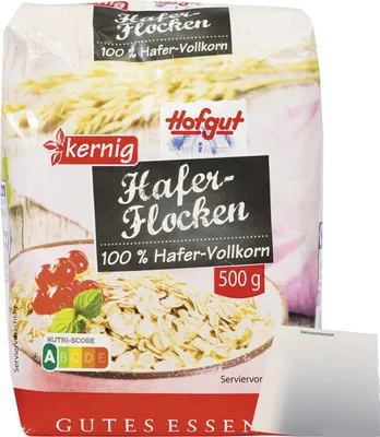 Produktbild von Hofgut Haferflocken kernig (500g Packung) + usy Block