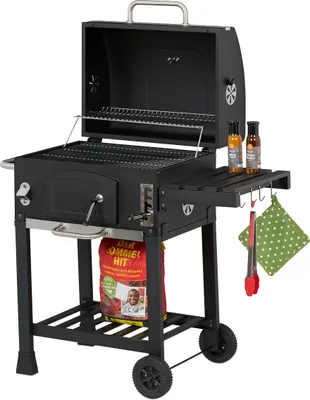 Produktbild von Relaxdays Holzkohlegrill Grillwagen, mit Deckel, BBQ-Grill mit Rädern, höhenverstellbar, Gartengrill XXL, schwarz/silber