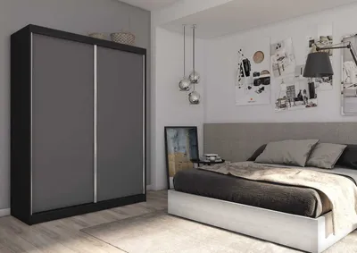 Produktbild von AGMAT Schwebetürenschrank Inari, Kleiderschrank mit 2 Türen, Moderne Garderobe in Farbe: Schwarz, Schrank in Größe: 160 x 216 x 61 cm