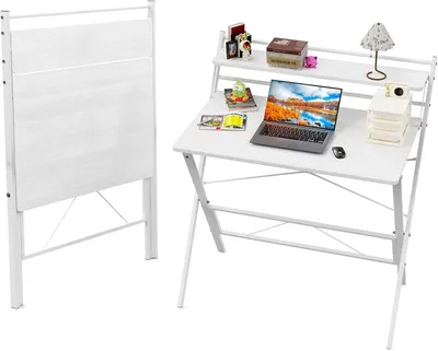 Produktbild von Schreibtisch Klappbar,Kleiner Schreibtisch Computertisch mit Regal,Klapptisch Arbeitszimmer für Home Office Schreibtisch, PC-Tisch 80x50x107cm Weiß