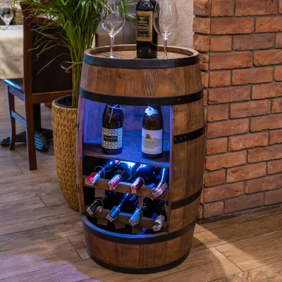 Produktbild von Stojan na víno s RGB LED svetlami, drevený sud na víno, výška 80 cm, sud na víno, stojan na fľaše alkoholu, drevený stojan na víno s 3 pármi obručí (wenge)