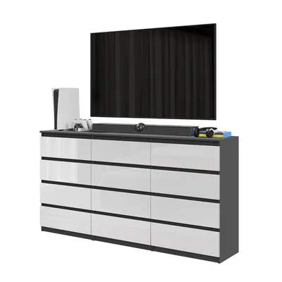 Immagine prodotto di Grande mobile TV / credenza GABRIEL con 12 cassetti – 180 cm – Antracite / Bianco lucido – Moderna cassettiera per il soggiorno – Set