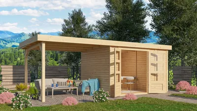 Produktbild von Gartenhaus Retola 4 : 2,80m breit : Naturbelassen Anbaudach: 2,80m breit Farbe: Naturbelassen