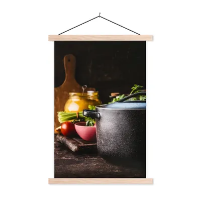 Produktbild von MuchoWow® Textilposter Rustikal - Stilleben - Pfanne - Gemüse 60x90 cm mit holzfarbenen Rahmen - Textil