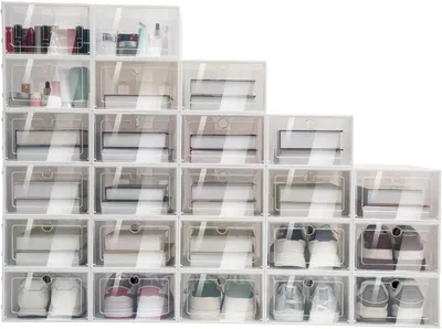 Produktbild von 20/24 stapelbare Schuhaufbewahrungsboxen, faltbare Schuhkartons aus Kunststoff mit transparentem Schuhorganisator, 33 x 23 x 14 cm (24 Stück)