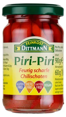 Produktbild von Feinkost Dittmann Piri Piri feurig scharfe Chillischoten 90g 6er Pack