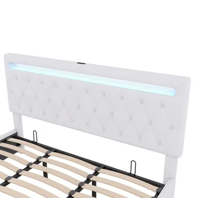 Produktbild von okwish Polsterbett 180x200 mit LED-Umgebungslicht USB- und Typ-C-Ladeanschluss,Hydraulisches Stauraumbett mit Bettkasten Stauraum(Ohne Matratze)Weiß