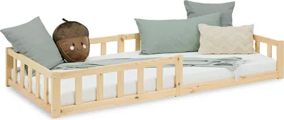Image de Lit D'Enfant 90x200 cm Lit Montessori avec Barriere en Bois Naturelle Lit au Sol Bebe Lit Bas Lit Simple