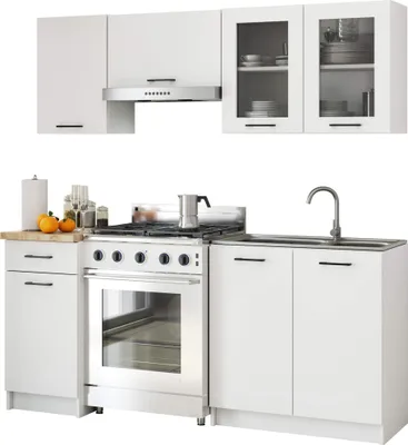 Produktbild von Küchenzeile 180cm mit Vitrine und Arbeitsplatte 7 Türen 1 Schublade 5 Einheiten
