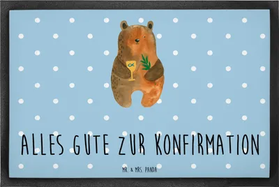 Produktbild von Mr. & Mrs. Panda Schmutzmatte Bär Konfirmation 60 x 90 cm - Blau Pastell - Geschenk, Gottesdienst, Bodenvorleger, Schmutzfangmatte, Evangelisch, Sauberlaufmatte, Teddy