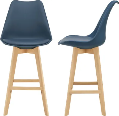 Produktbild von Barhocker 2er Set Barstuhl mit Rückenlehne Bistrohocker mit gepolsterter Sitzfläche Tresenhocker mit Holzgestell Buche-Gestell Blau [en.casa]