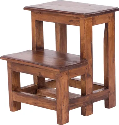 A wooden step stool with two steps against a white background.