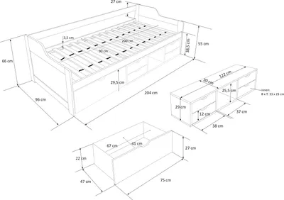 Produktbild von Homestyle4u Kinderbett 90x200 mit Lattenrost Holzbett Tagesbett Weiß Einzelbett Bettgestell Schubladen Stauraum
