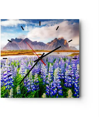 Produktbild von Wanduhr - Quadrat - Glasuhr - Berge Wiese Blumen - 30x30cm - Schleichendes Uhrwerk - Lautlos - zum Aufhängen bereit - Dekoration Modern - Wanddekoration aus Glas - C3AC30x30-4114