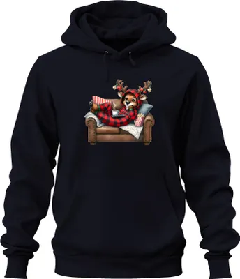 Produktbild von Rentier Karo Schlafanzug gemütlich Weihnachten Kinoabend Geschenk Uni Hoodie Kapuzenpullover, Navy, XL