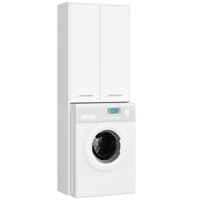 A white washing machine cabinet stacked on top of a white washing machine.