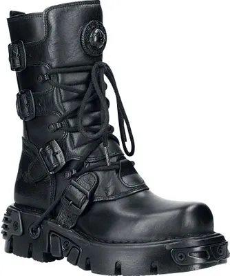A black leather boot with buckles and laces, shown against a white background.