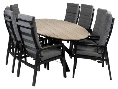 Produktbild von 9-teiliges ovales Garten-Set | 8 Berlin Gartenstühle (Schwarz) | Gartentisch Limasol 280 cm (`Wood)