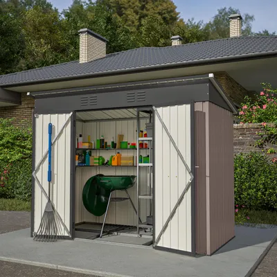 Produktbild von Metall Geräteschuppen Gerätehaus ,8x4 FT Metall-Werkzeugschuppen & Garage mit Fundament,wetterfest – für Garten & Terrasse, für Gartengeräte,braun