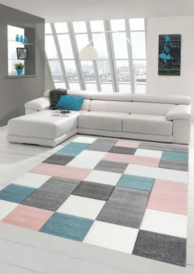 Immagine prodotto di Tappeto da salotto con motivo a quadri in rosa grigio turchese dimensioni - 120 cm rotondo