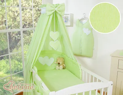Image de Baldachin pour lit de bébé vert 100% coton avec cœurs et grand nœud