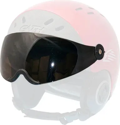 A black visor attached to a pink helmet.
