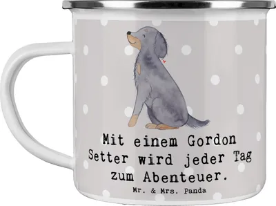 Produktbild von Mr. & Mrs. Panda Teetasse Gordon Setter Abenteuer - Grau Pastell - Geschenk, Spaß, Hunderassen, Teebecher, Hunderasse, Vielfalt, sanftmütig, Emaille Tasse, Becher, aktiv