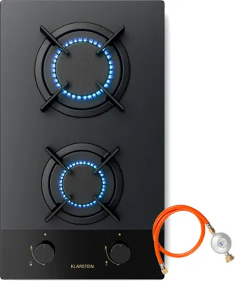 Image de Klarstein Goldflame Nano Plaque De Cuisson Gaz, 2 Brûleurs Laiton, Verre Trempé 30cm, 4200W, Allumage Automatique & Sécurité Flamme, Kit Conversion GN/GPL, Nettoyage Facile Nano