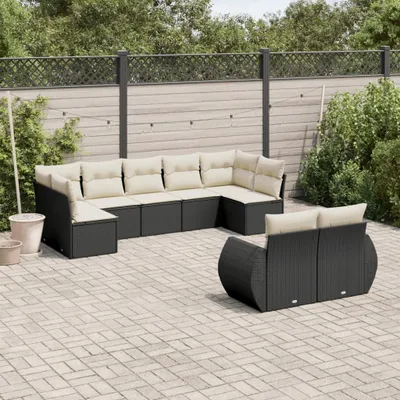 Produktbild von Design 9-tlg. Garten-Sofagarnitur mit Kissen Schwarz Poly Rattan, Gartensofas 2024 Neu