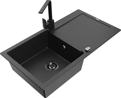 Produktbild von Mexen Leo 1 Becken-Granitspüle mit Abtropffläche und Mischbatterie Rita, Schwarz/Silbermetallic - 6501-73-670300-70-B