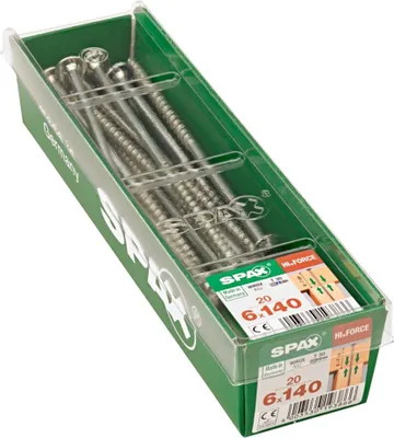 Produktbild von Packung mit 20 SPAX Torx-Senkkopfschrauben aus Stahl, 6 mm Durchmesser x 140 mm Länge