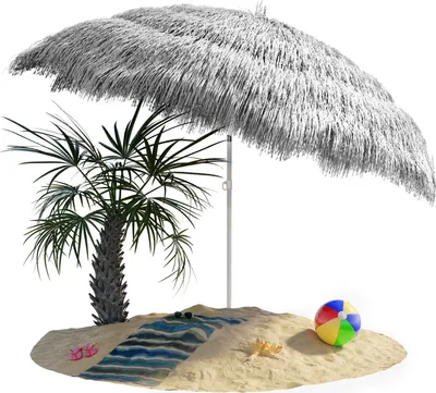 Produktbild von KINGSLEEVE® Sonnenschirm Hawaii Ø160cm Neigbar Höhenverstellbar UV Schutz 30+ Groß Rund Balkon Strand Strohschirm Strandschirm Bast Hawaiischirm Grau