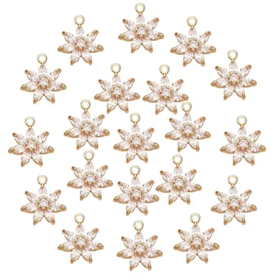20 Blumen-Zirkonia-Anhänger, Messing, Gold, 15 mm, für Schmuck