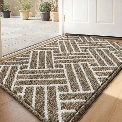 Image de Paillasson antidérapant, motif rayures beige, 50x80 cm, absorbant, lavable, idéal pour l'intérieur et l'extérieur