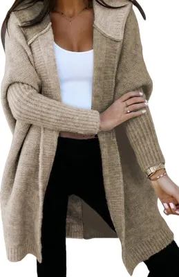 Produktbild von ASKSA Damen Strickjacken Kapuzenpullover Warm Lang Cardigan Strickmantel Casual Herbst Winter Grobstrickjacke Mit Kapuze (Aprikose,L)