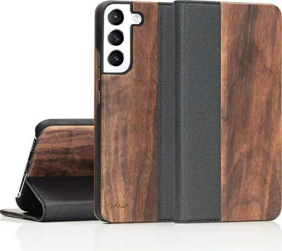 A flip case for a Samsung Galaxy S22 Plus phone, made of real wood with a stand function and card slot.