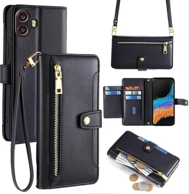 Produktbild von Handykette Samsung Hülle mit Band Handyhülle Kartenfächer Kunstleder Umhängetasche Galaxy Xcover 6 Pro Schwarz