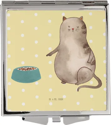 Produktbild von Mr. & Mrs. Panda Taschenspiegel Katze Fressen - Gelb Pastell - Geschenk, Kleiner Spiegel, Kosmetikspiegel, Schminkspiegel, klappbar, Klappspiegel
