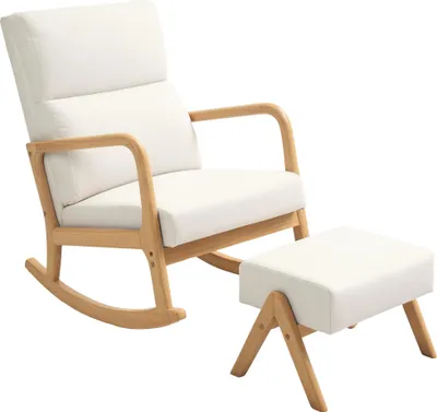 Produktbild von Schaukelstuhl mit Hocker, weiche Polsterung, Leinenoptik, Holzrahmen, Cremeweiß
