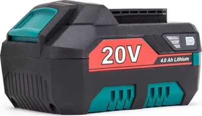 A product shot of a black and teal battery pack with a red label.