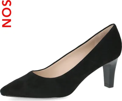 A studio shot of a black high-heeled shoe.