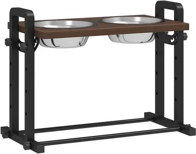 Produktbild von Hochwertige Hundebettwäsche 4-stufig anpassbare Futternäpfe mit Standard, 2 x 1,2 l Edelstahlbecken, 3 Einstellhöhen, Braun