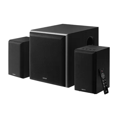 A set of black speakers and a subwoofer on a white background.