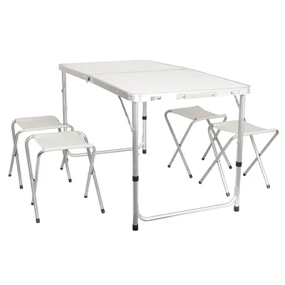 Produktbild von Alu Campingtisch faltbar mit 4 Hocker weiß Koffertisch klappbar Klapptisch Falttisch Camping Tisch höhenverstellbar Gartentisch Set Partytisch